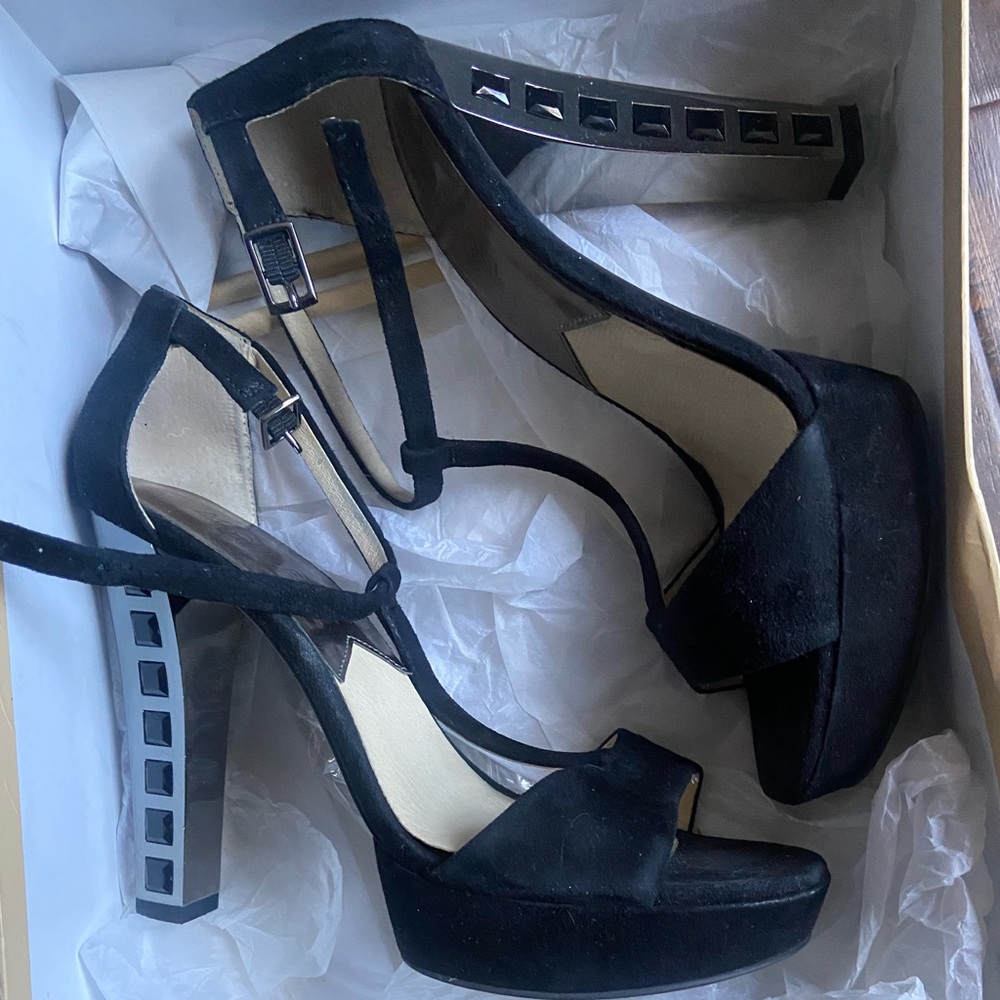 Black suede beaded heel michael kors heels